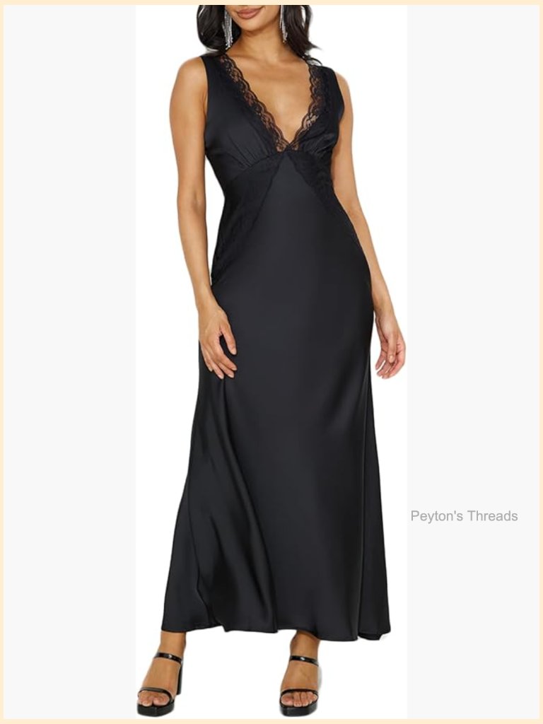 Satin Lace V-Neck Backless Maxi Dress Wedding Guest Cocktail Sleeveless